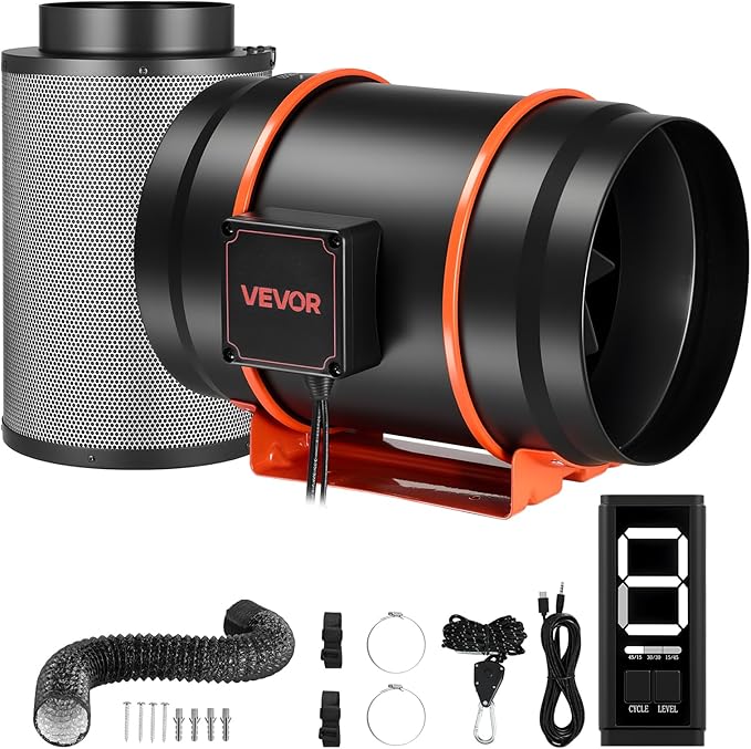 VEVOR Inline Duct Fan Kit with Carbon Filter, 807 CFM 8 inch EC Motor Ventilation Fan with 3-Speed Circulation, 10-Speed PWM Controller, Timer, Cooling for Grow Tents, Indoor Gardening, Hydroponics