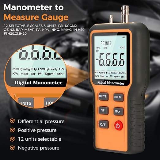 Manometer, Professional Air Pressure Meter, Dual-Port Gas Pressure Tester, | 12 Selectable Units Differential Pressure Gauge, HVAC Digital Manometer, Gas Pressure Tester (Included Battery)