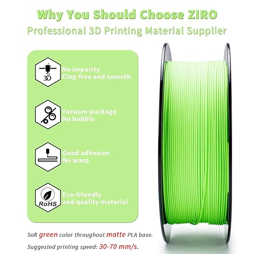 ZIRO Matte PLA Filament, 1.75mm 3D Printer Filament Shine-Free Finish, Pastel Colors PLA Series, 1kg/2.2lbs Spool, Dimensional Accuracy +/- 0.03mm, Fit Most FDM 3D Printers, Pastel Green(Matte)