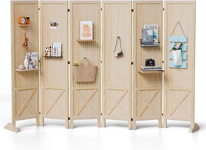 VINGLI Freestanding Pegboard with Support Feet, 5 FT Wood Room Divider Display Board Organizer, Folding Privacy Screen Partition Space Separator for Craft Shows Events Retail (Natural, 6 Panel)