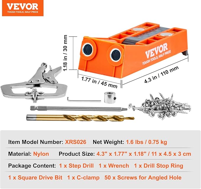VEVOR Pocket Hole Jig, 56 Pcs Mini Jig Pocket Hole System with 9" C-clamp, Step Drill, Wrench, Drill Stop Ring, Square Drive Bit, and Screws, for DIY Carpentry Projects