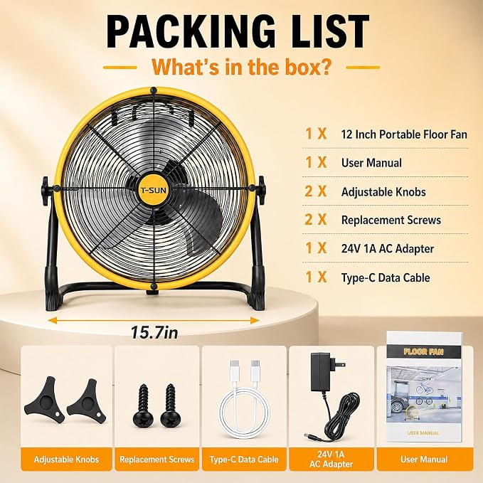 T-SUN 12-Inch Portable Fan Compatible with DeWalt 20V MAX Battery, Battery Powered Fan with AC Adapter & USB-C Output, High Velocity Cordless Floor Fan for Jobsite, Garage, Camping
