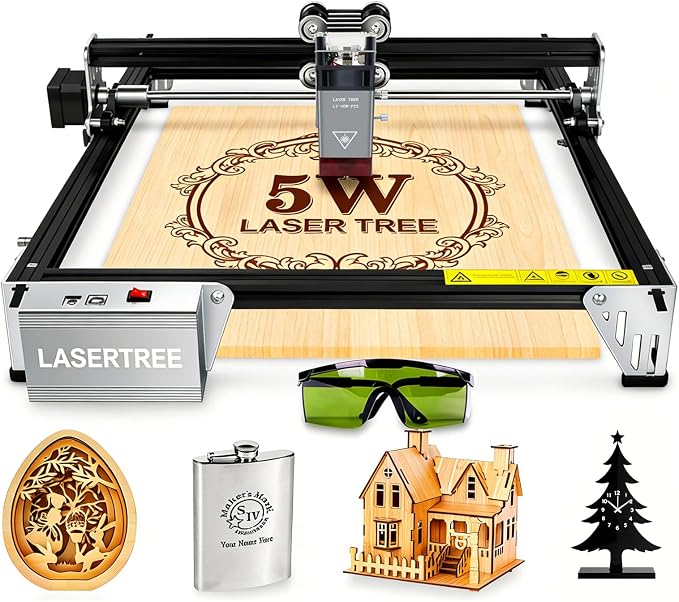 LASER TREE 5W Laser Engraver, 5000mW High Precision Laser Engraving Machine, Eye Protection, 12×12” Work Area, Class 4 Laser for Wood, Acrylic, Leather DIY Craft