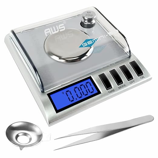 AWS Gemini-50 Milligram Scale 50g x 0.001g–Digital Jewelry/Lab Scale for Powder, Gold, Gems – Includes Calibration Weights, Tweezers & Tray–Tare, Cal, 6 Units (Gemini-50g-Silver)