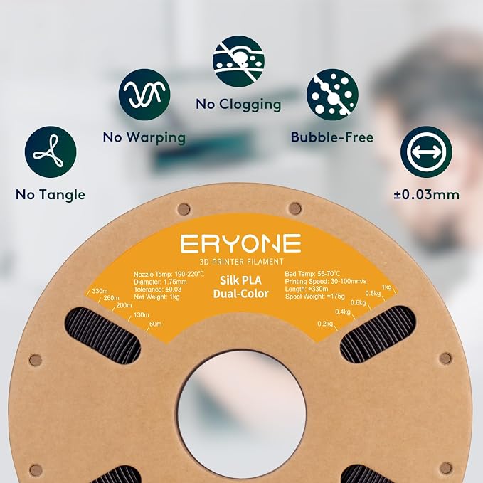ERYONE Silk Dual Color PLA Filament 3D Printer 1.75mm +/- 0.03mm, Bicolor Filament Two Tone PLA 1KG(2.2lbs) Cardboard Spool, Black Purple