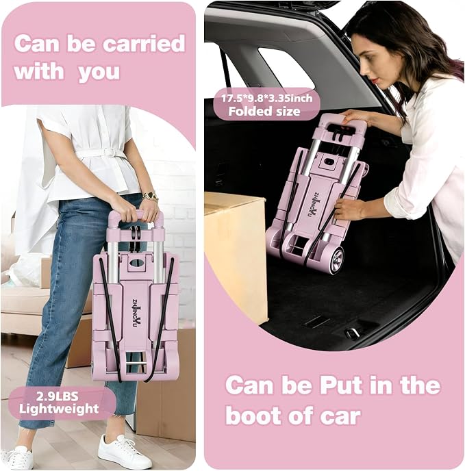 Folding Dolly Pink Hand Cart,Folding Hand Truck Aluminum Trolley,Small Dolly, Foldable Hand Cart 2 Wheel Luggage Trolley Expandable Large Chassis Foldable into Backpack Car Trunk