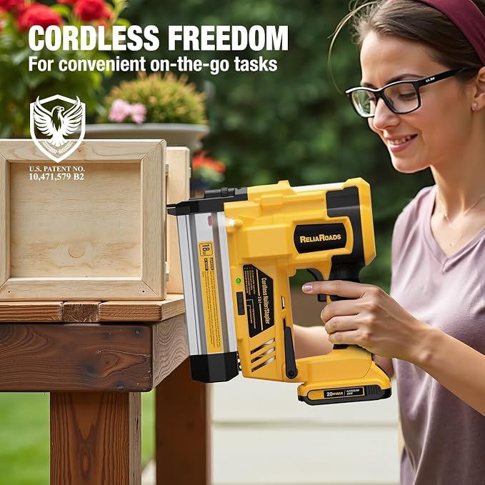 ReliaRoads 2" Cordless Brad Nailer, Patented 18GA 2-in-1 Staple Nail Gun Battery Powered Compatible with DeWalt 20V MAX Battery, Electric Nail Gun with Nails Puller, 1600 Nails (Battery Not Included)