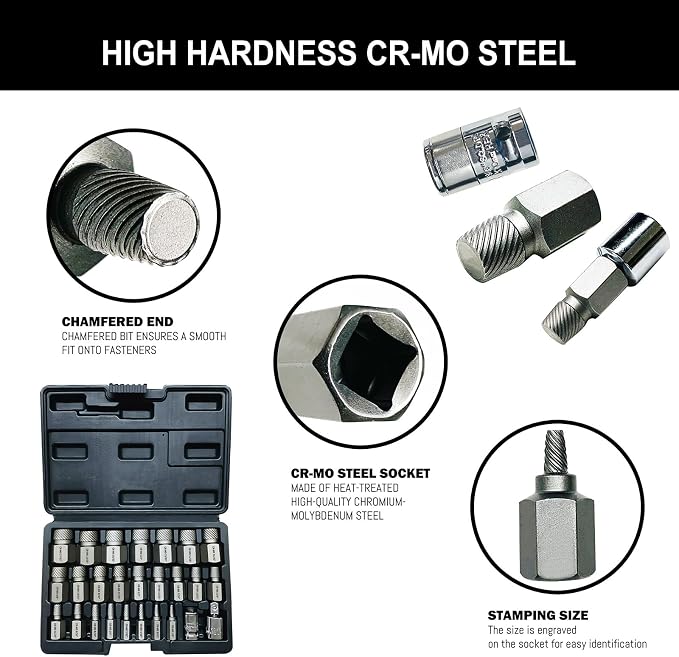 26PCS CR-MO Screw Extractor Set,Hex-Head Multi-Spline Screw Easy-out Screw Extraction Set 3/8" Inch Drive Hex-Head, Broken Bolt Remover, Stripped Fastener Tool for Stripped, Rounded, Damaged