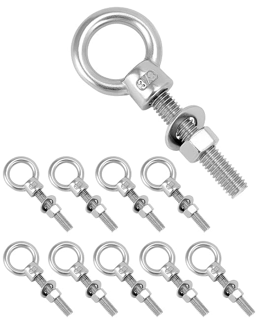 QWORK Threaded Eyebolts, 10 Pack 3/8" x 2" Long 304 Stainless Steel Marine Grade Shoulder Eye Bolt