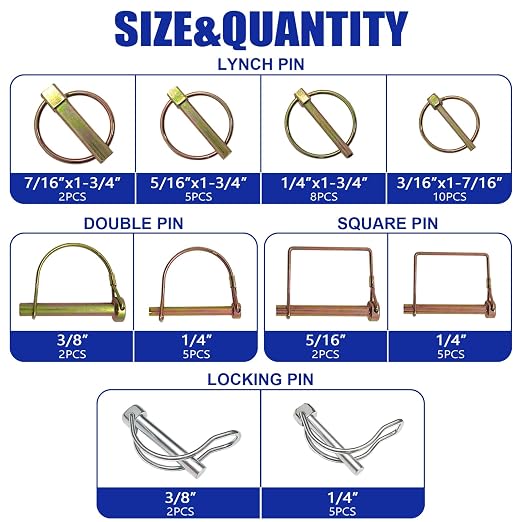 420 PCS Heavy Duty Pin Assortment Kit, Hitch Pins R Clip PIns/ Hair Pins/ Lynch Pins/ PTO Pins/ Cotter Pins/ Clevis Pins for Trucks Trailers Tractors Mowers 3 Point Accessories, Farm, Lawn and Garden