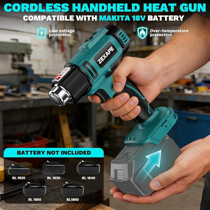 Cordless Heat Gun Compatible with 18V Battery, 350W Fast Heating Soldering Gun with LED Light, 122℉-1022℉ Variable Temperature with 5 Nozzles for DIY Craft, Shrink Tubing (Tool Only)