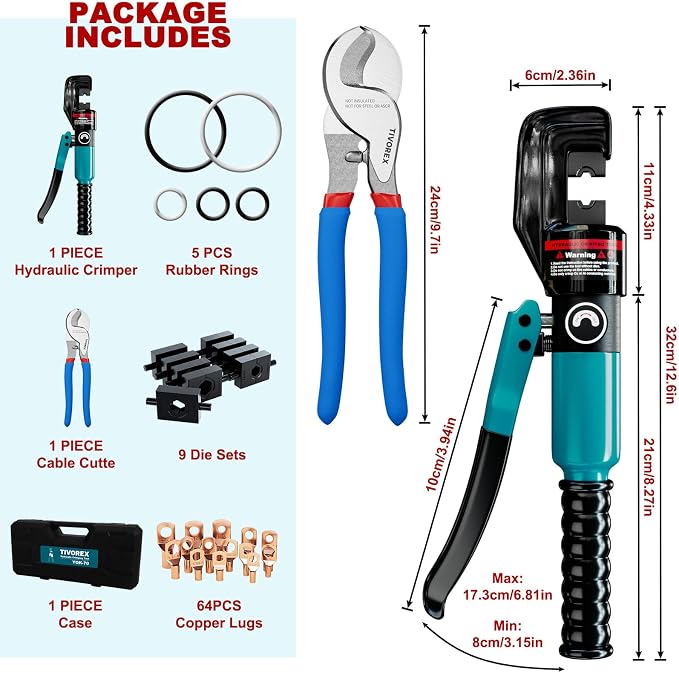 Hydraulic Crimping Tool and Cable Cutter, 12 AWG to 00 (2/0), 10 Tons Electrical Terminal Cable Wire Tool Kit with 9 Die Sets and 64pcs Ring Terminals