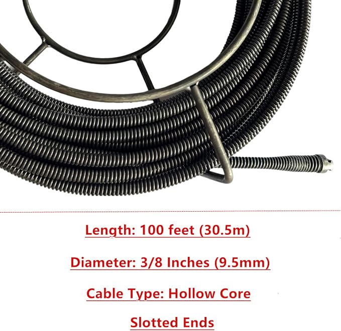 Drain Cleaning Cable 100 Feet x 3/8 Inch, Hollow Core Steel Sewer Cable with 8 Cutter for 1.6" to 4" Pipes, Sewer Auger Cleaner Cable for Sink, Floor Drain, Toilet (100 Feet x 3/8 Inch)