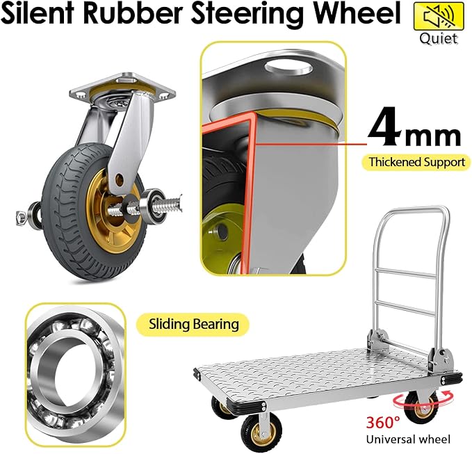 Push Cart Dolly Heavy-Duty Platform Truck Cart with Swivel Wheel 2200 LBS Capacity Foldable Flatbed Cart Large Steel Platform Dolly Cart for Groceries, Garage, Warehouse (36"X 24")