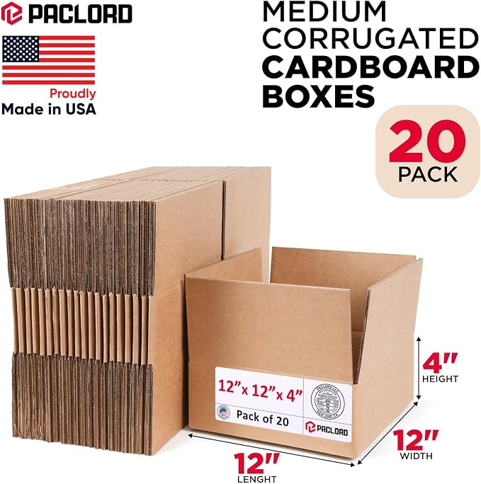 Medium Cardboard Boxes 12"L x 12"W x 4"H (Pack of 20) - USA-Made Packing Boxes for Moving, Shipping, or Storage - USPS, UPS, FedEx Approved - Professional Packing Supplies for Moving | USA-Made Packing Boxes for Moving, Shipping, or Storage - USPS, UPS...