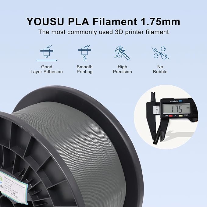 YOUSU PLA 5kg 3D Printer Filament Bundle 1.75mm, Print with Most FDM 3D Printers, 11lbs, 1 Pack 5kg Large Spool, Accuracy +/- 0.02mm, Grey
