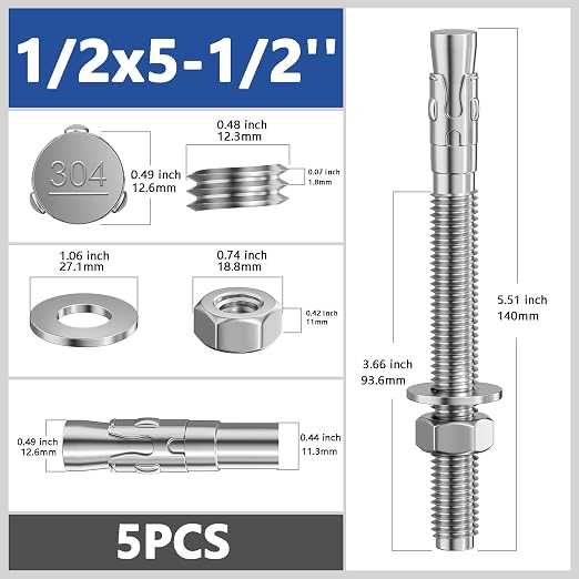 Wensilon 5Pcs 1/2x5-1/2 Inch Standard Fasteners for Heavy-Duty 304 Stainless Steel Wedge Anchors for Cement and Concrete