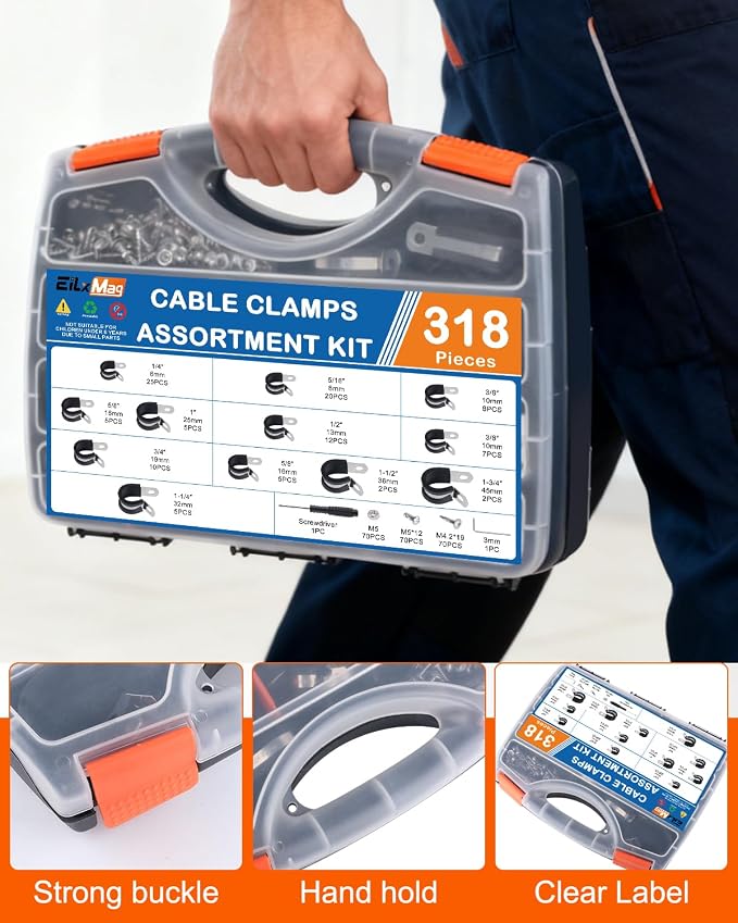 328PCS Cable Clamps Assortment Kit, 304 Stainless Steel Rubber Cushion Pipe Clamps, 9 Sizes 1/4" 5/16" 3/8" 1/2" 5/8" 3/4" 1" 1-1/4" 1-1/2" Wire Clamps with Screws, Screwdriver, Handheld Box