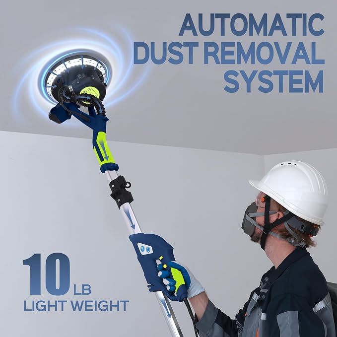 Drywall Sander, 2025 Upgraded 8-Amp Popcorn Ceiling Removal Tool with 7 Variable Speed 800-1800RPM, Drywall Sander with Vacuum Dust Collector with Extendable Handle, LED Light,12pcs Sanding Discs,Blue