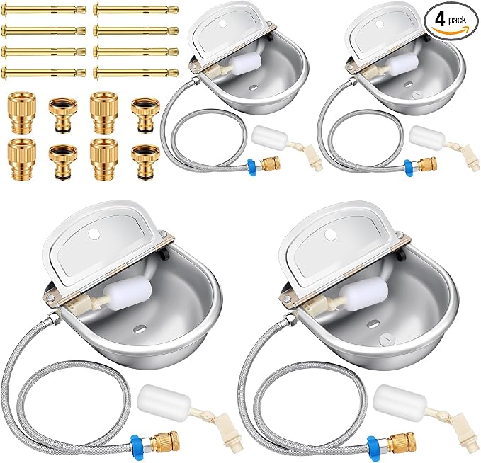 Bokon 4 Set Automatic Animal Drinking Water Trough Bowl Automatic Livestock Drinking Dispenser Stainless Steel Waterer for Horses Dogs Goat Pig with Float Pipe Connector Countersunk Bolt