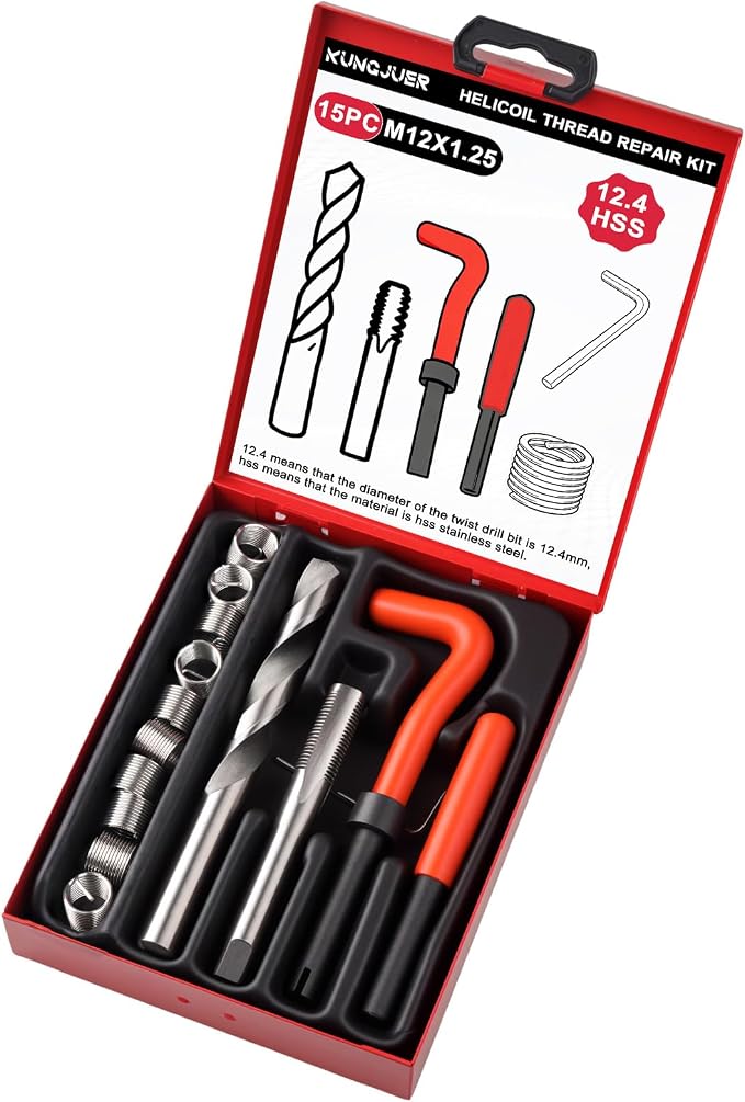Helicoil Metric Thread Repair Insert Kit, M12X1.25mm Rethreading | Thread Repair kit with HSS Drill Bits, Rethreading Inserts Tool Set for Damaged Thread Repairing with Carry Case