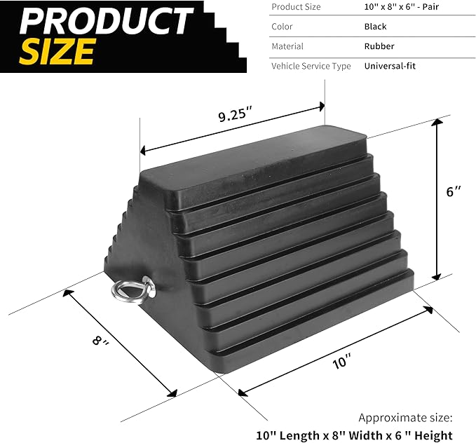 MaxxHaul Rubber Wheel Chock, Large 10" x 8" x 6" Heavy Duty Tire Stop with Non Slip All Weather Grip, Oil Resistant Rubber Block with Steel Eyebolt for Vehicle and Trailer Safety (80681) (Pack of 5)