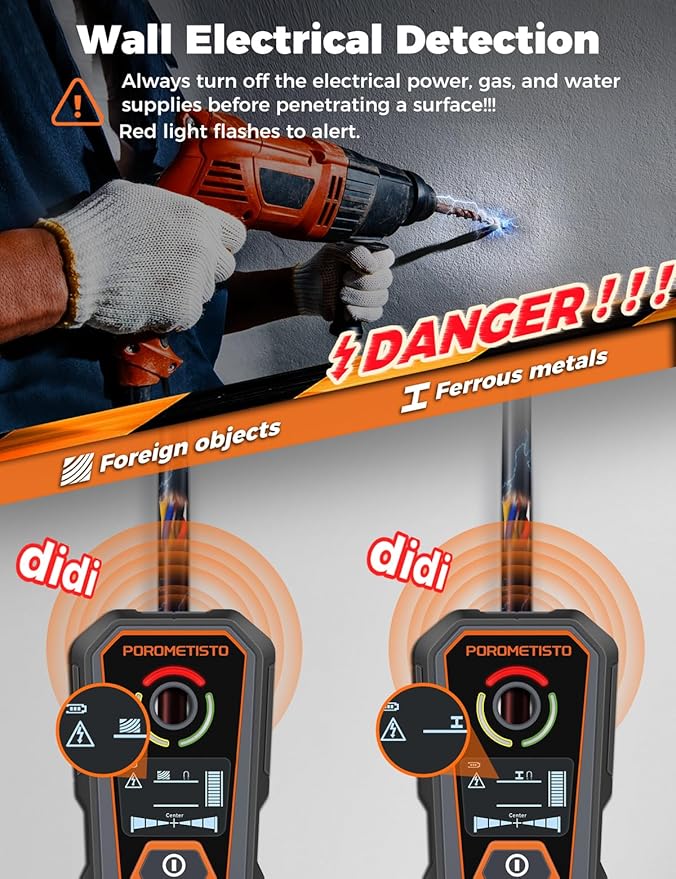 Rechargeable 6 in 1 Stud Finder Wall Scanner POROMETISTO, Positioning Hole for Pipe Wood Studs, Live Wire Detector for Electricians, Ferrous Metals Non-Ferrous Metals, Alarm Wall Detector
