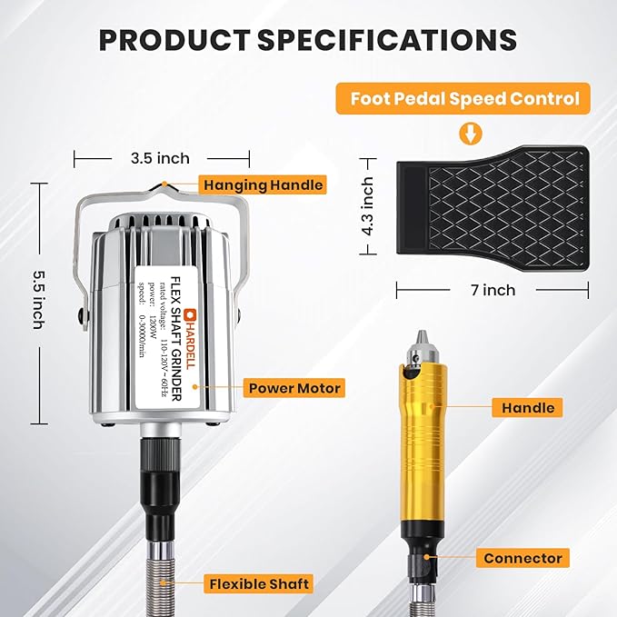 1200W Flex Shaft Grinder, 30000RPM Variable Speed Flex Shaft Rotary Tool Kit with 46pcs Accessories, 0-1/4" Universal Chuck Hanging Grinder for Polishing, Carving, Silver, Wood, DIY Creating