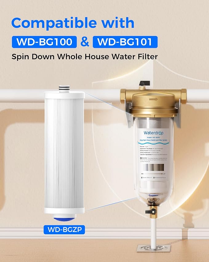 Waterdrop 5 Micron Sediment Water Filter Replacement Cartridge for WD-BG101 Mega Spin Down Whole House Water Filter System, 10" x 3" PP Cotton Filter Replacement Cartridge Pack of 4