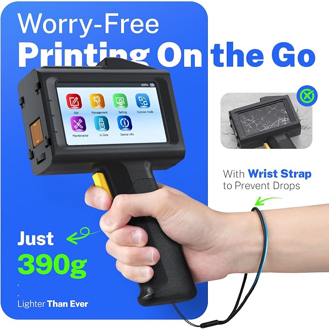 0.5 Inches Print Height Intelligent Handheld Inkjet Printer Lasts 16H Weighs Only 390g for Batch Code Date Lot Number Print on Plastic Carton Wood Metal Glass Aluminum with 42ml Fast Dry Ink (Black)