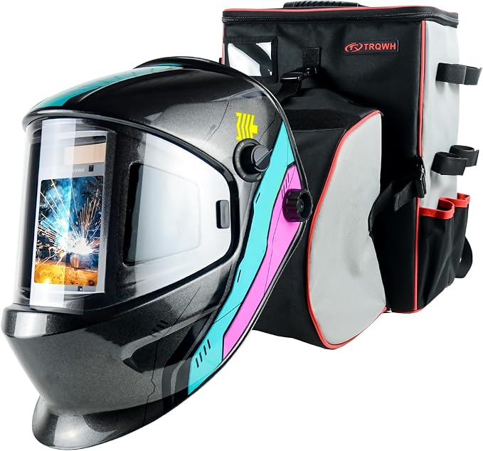 TRQWH Panoramic 180° Large Viewing Welding Helmet Auto Darkening with Side View & Large Capacity Welding Backpack for Men