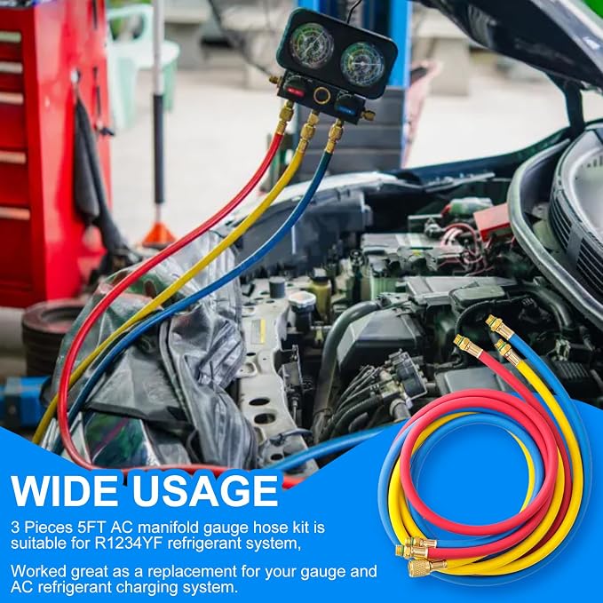 A2L Manifold Gauge Set, 3 Way AC Refrigerant Charging Hoses, R1234YF High and Low Quick Coupler with R1234YF Self-Sealing Can Tap, 5FT HVAC Manifold Gauge Hose Kit for R1234YF/R410A/R32/R454B/ system