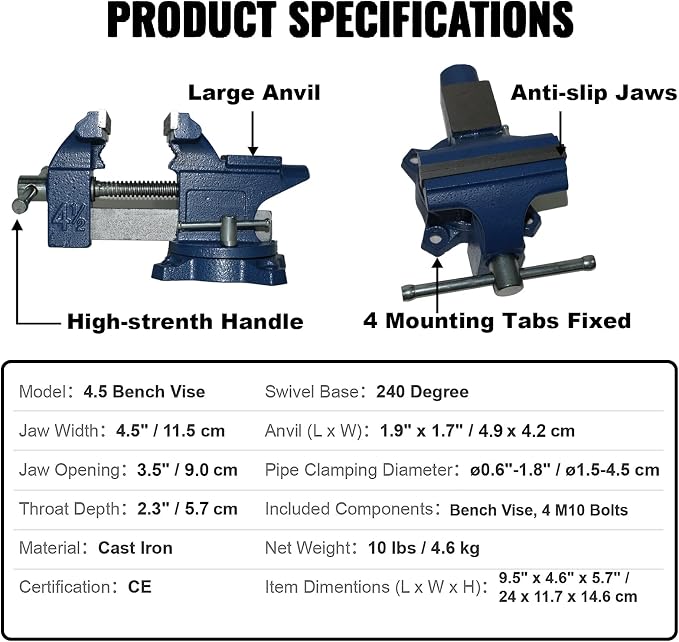 Bench Vise 4.5 Inch Jaw Width 3.3 Inch Jaw Opening Home Vise - Secure Grip with 240° Swivel Base Home Vise Rotation Base - Assembled with a Combination of Heavy Duty Cast Iron and Steel - Blue