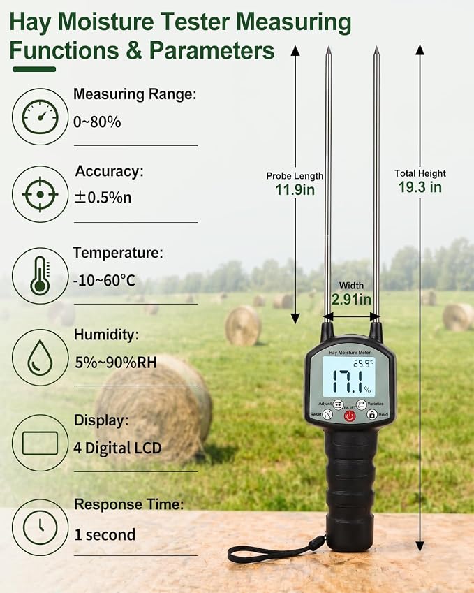 TK100H Hay Moisture Tester, High Accuracy Hay Moisture Meter, Bale Moisture Tester with Long Probe, Portable Bale Moisture Meter for Hay Bales, Forage Grass, Alfalfa, Orchard Grass and Other Hays