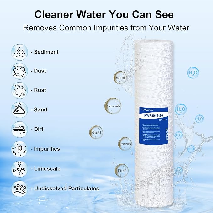 20 Micron 20"x4.5" String Wound Sediment Filter, Whole House Water Filter Cartridge for Well Water, Compatible with WP5BB20P, SWC-45-2005, Fits Standard 20" Big Housings, 2 Pack