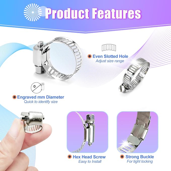 Hose Clamp- Duramedal 20 PCS Stainless Steel Hose Clamps Assortment Kit 1/2''–3/4'' stainless steel hose clamps for Fuel Line, Plumbing, Automotive, Mechanical Applications, Tube, Garden