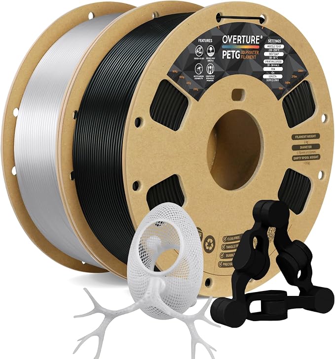 OVERTURE PETG Filament 1.75mm Bundle 2kg, High Speed 3D Printer Filament, Neatly Wound & Clog-Free, 2 Pack 1kg(2.2lbs), Accuracy +/- 0.02mm, Fit Most FDM Printers (Black+Transparent)