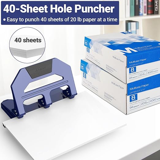 AFMAT 3 Hole Punch Heavy Duty, 40-Sheet Three Hole Puncher for Binder, 50% Reduced Effort Paper Punch, 10K+ Uses, Office Metal Hole Puncher 3 Ring w/Large Tray, Bulit-in S.S. Paper Guide, HPX2(Blue)