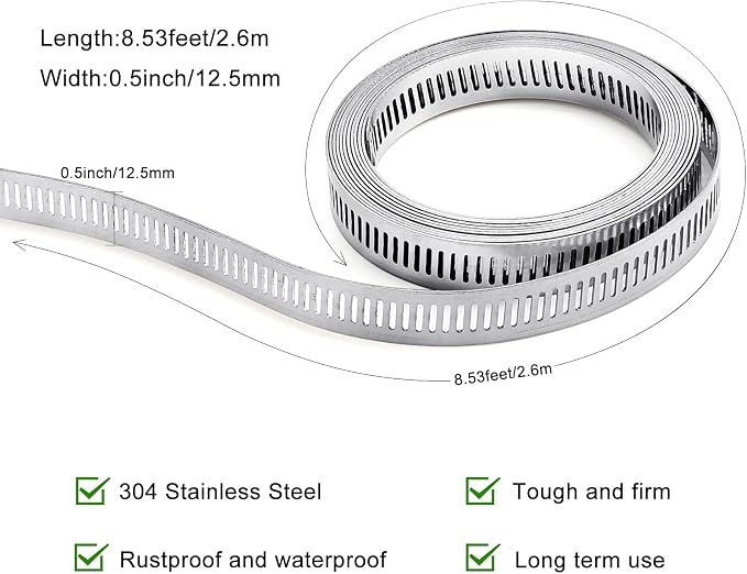 Hose Clamps, DIY 8.5 FT Metal Strap + 6 Fasteners, Hose Clamps Stainless Steel, Large Adjustable Hose Clamp Pipe Clamp for Pipe Automotive Mechanical Applications