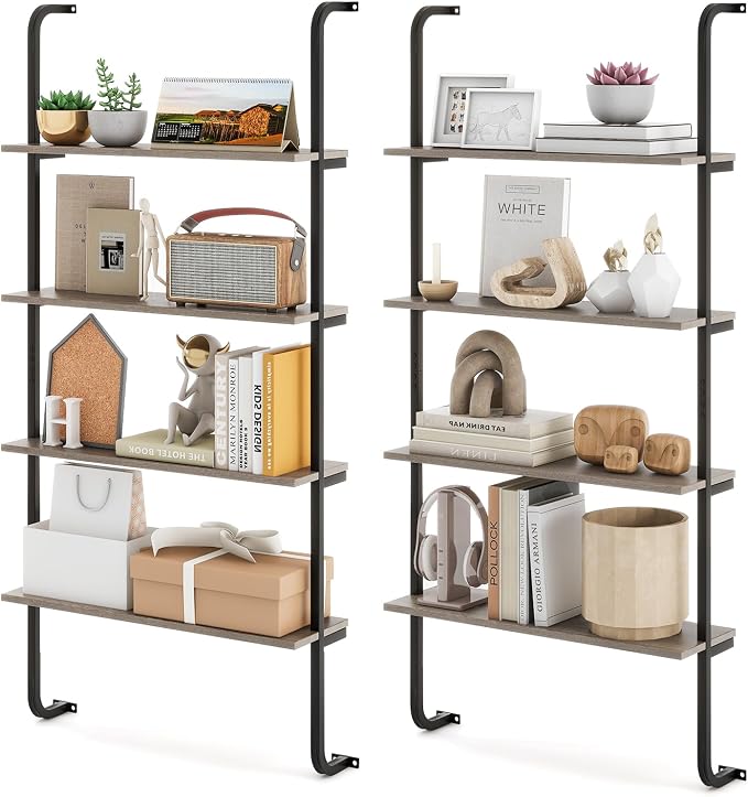 Giantex 4-Tier Industrial Bookshelf of 2, Wall Mounted Pipe Shelving Unit, Floating Shelves with Metal Frame, Hanging Wall Display Shelf, Wood Ladder Bookshelf for Living Room, Kitchen,Gray Oak