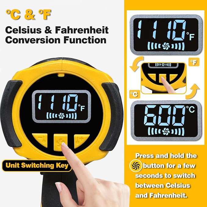 Cordless Heat Gun Compatible with Dewalt 20V Battery 350W Fast Heating 2-Temp Setting120℉-1110℉ Portable Hot Air Gun with LCD Display 4Nozzle for DIY shrink wrapping (Tool Only, Not Made by Dewalt)