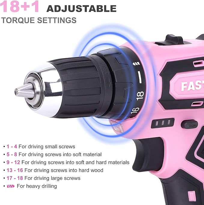 FASTPRO 232-Piece Pink Tool Set with Drill, 20V Cordless Drill Driver and Home Tool Set, Pink Drill Set for Women, Lady's Repairing Kit with 12-Inch Storage Bag, Pink