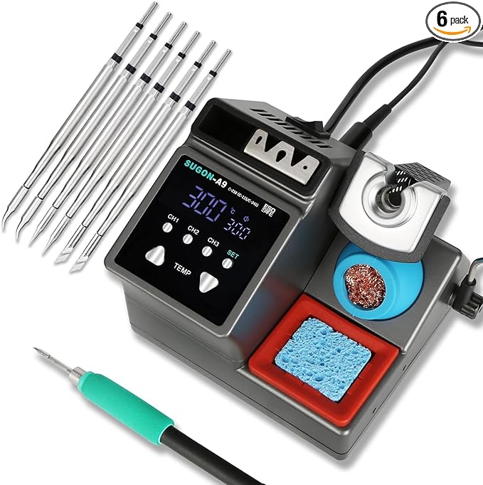 SUGON A9 210 Precision Soldering Station, Fast heating to 716°F in 2 seconds, 120W Soldering Iron Station kit with 6 Soldering Iron Tip, 3 Preset temperature, 212-842℉, Soldering Iron Replacement Rack