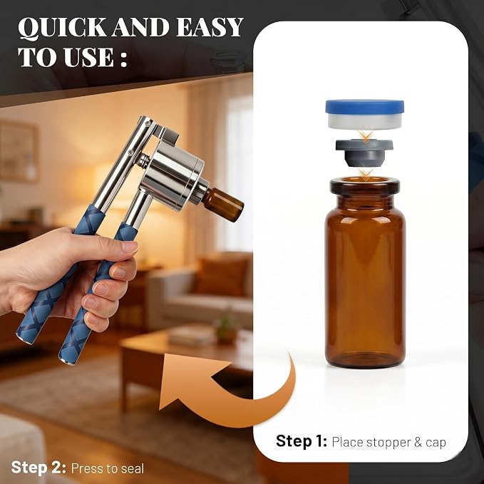 20mm Vial Crimper and 100 Pcs 10ml Amber Flip Top Glass Vials Set, Lab Bottle Sealing Tool, Vial Crimping Tool and 10ml Glass Vials