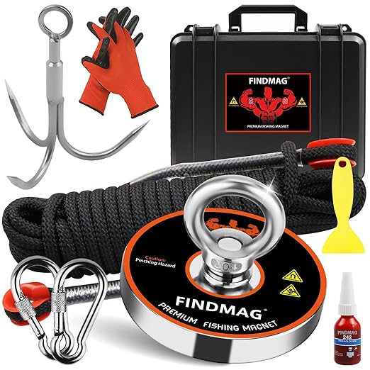 FINDMAG Magnet Fishing Kit with Case, 1500 LBS Pulling Force Super Strong Magnets, Premium Fishing Magnets Kit for Heavy Duty Use, Magnet Tool Pickup -4.72inch Diameter