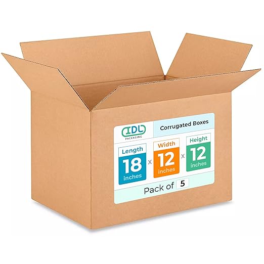 Medium Shipping & Moving Boxes 18 x 12 x 12 inches (5-Pack) - Extra Strength 200 lb vs Regular - USA-Made Corrugated Moving Boxes for USPS/FEDEX - Corrugated Medium Size Moving Box by IDL Packaging