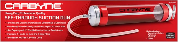 Carbyne Suction Gun, See-Through Barrel, 14 oz Capacity, 12 in. Flexible Hose, for Transmissions, Differentials, and Gear Boxes