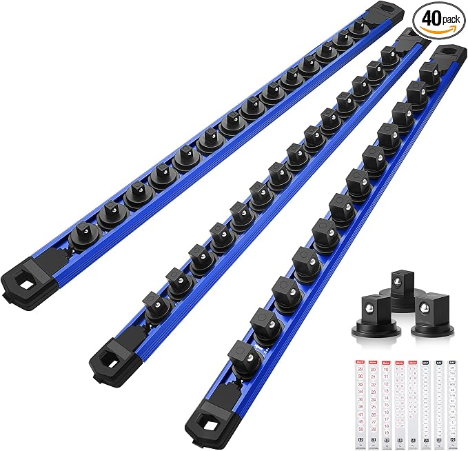 Reniteco Magnetic Socket Organizer Set, 3-Piece 1/2" 3/8" 1/4" Drive Aluminum Alloy Socket Holder with 40PC 360° Swivel Removable Clips, Magnetic Socket Rail for Tool Box Drawer, Blue