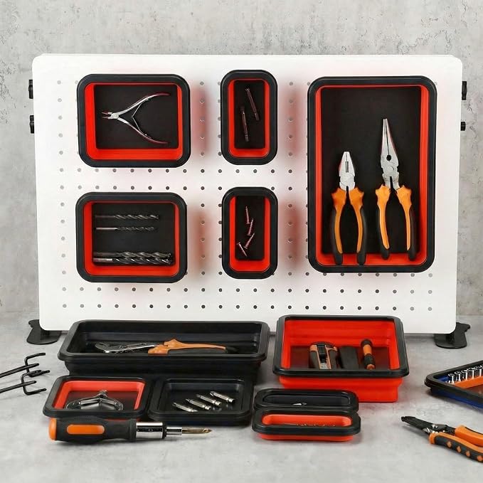 12 Pcs Collapsible Magnetic Parts Tray Set Foldable Tool Storage Organizer Magnetic Tray 3 Different Size Collapsible Bowl for Screw, Bolts, Nuts, Washers, Pins, Tool Gift for Men (Red, Black)