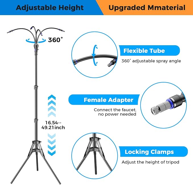 Portable Misting System with 15L Rolling Bucket, 10000mAh Battery Powered Standing Mister for Outside Patio, 4.2FT Adjustable Height Mobile Cooling Set for Beach, Camping, Picnic, Sports- Black